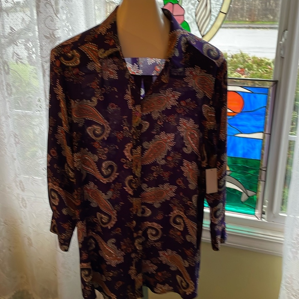 NWT Simply Emma Purple Paisley Print Long Tunic Blouse Size 1X